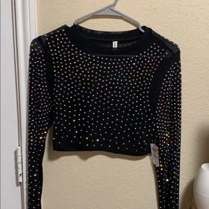 Long sleeve mesh shirt with rhinestone detailing